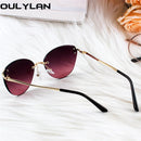 Oulylan Metal Trimming Sunglasses Women Trendy Rimless Cat Eye Sun Glasss Vintage Female Gradient Shades Blue Tea Eyewear UV400